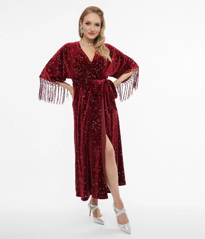 Unique Vintage 1970s Burgundy Velvet Silver Star Wrap Midi Dress