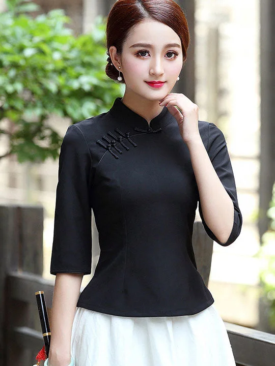Black Green Qipao / Cheongsam Top T-Shirt Mesh Blend Leather Blend Suede Blend