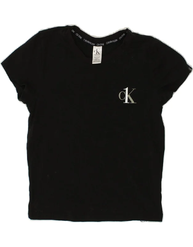 CALVIN KLEIN Womens T-Shirt Top UK 6 XS Black Graphic Embroidered Appliqued