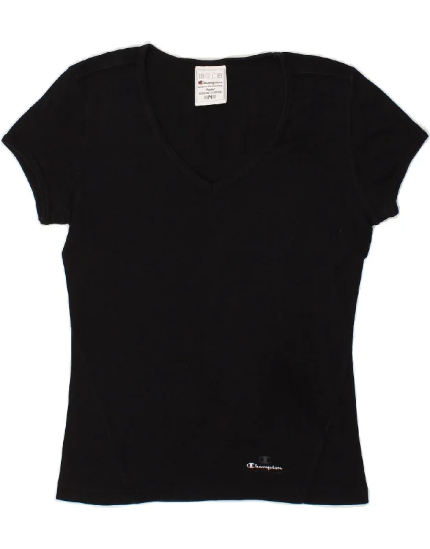 CHAMPION Womens T-Shirt Top UK 12 Medium Black Cotton Print Jacquard Patchwork