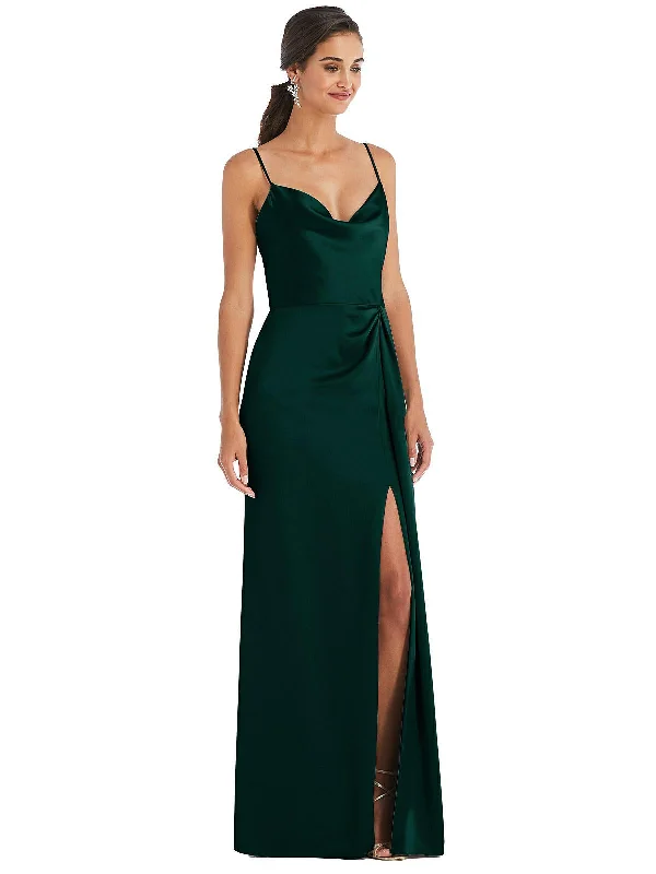 Cowl-Neck Draped Wrap Maxi Dress with Front Slit