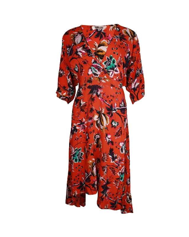 Diane Von Furstenberg Floral Wrap Dress in Orange Silk