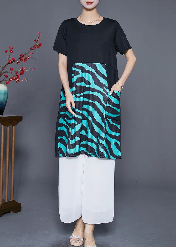 Elegant Black Striped Patchwork Pockets Cotton Maxi Dresses Summer