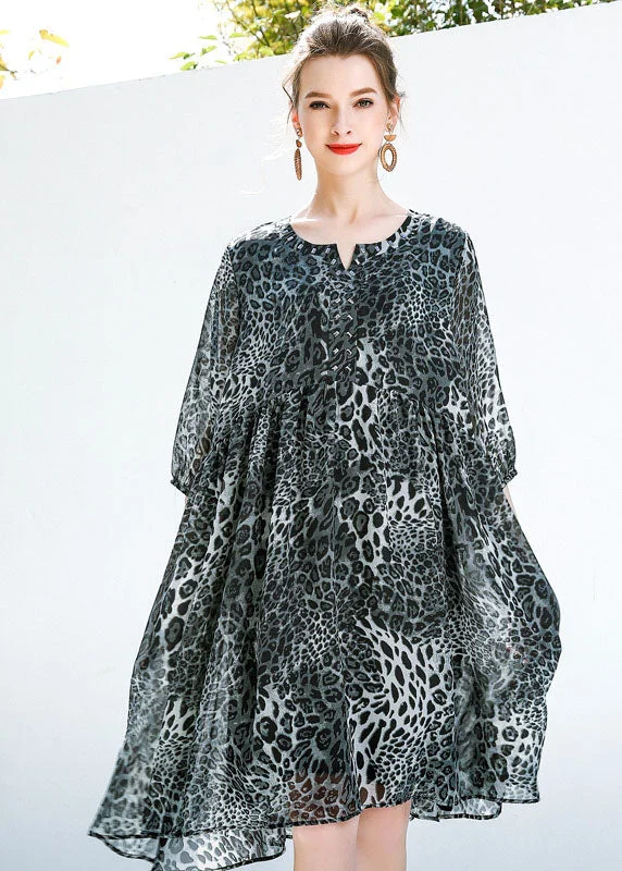 Fine Grey Oversized Leopard Print Chiffon Maxi Dresses Summer