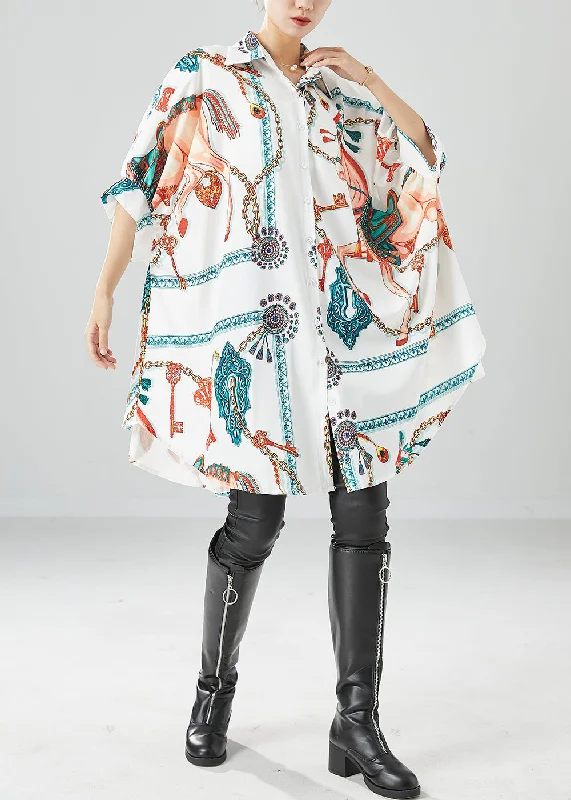 Fine White Oversized Print Silk Maxi Dresses Batwing Sleeve