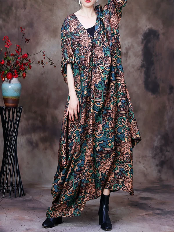 Floral V Neck Summer Vintage Loose Maxi Dress