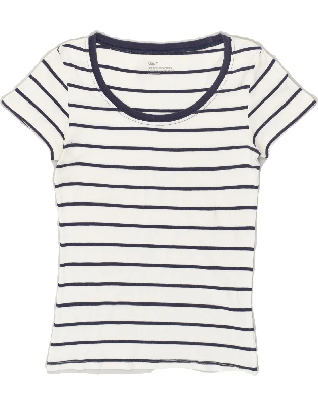 GAP Womens T-Shirt Top UK 12 Medium White Striped Cotton Nautical Collared Crew Neck Turtle Neck