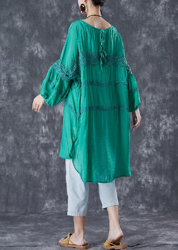 Green Patchwork Cotton Maxi Dresses Oversized Puff Sleeve