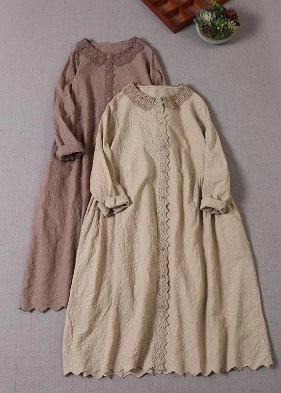 Handmade Khaki Pockets Button Embroideried Fall wrinkled Maxi Dresses Long sleeve