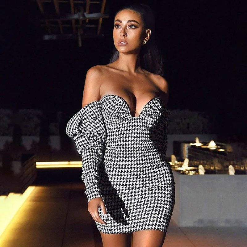 Houndstooth Word Shoulder Wrap Dress Dress Tight-Fitting High Waist Bag Hip Dress