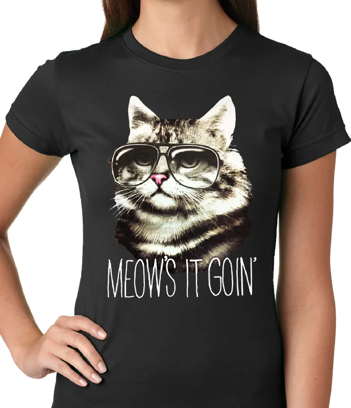 Meow's It Going Funny Cat Ladies T-shirt Solid Color Striped Floral