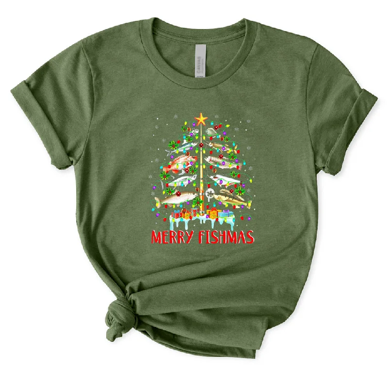 Merry Fishmas T-Shirt for Women Striped Floral Plaid