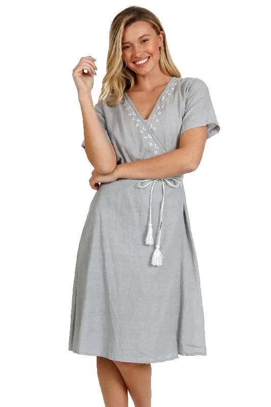 Nadia Wrap Dress Chambray in Light Grey with Ikat Trim