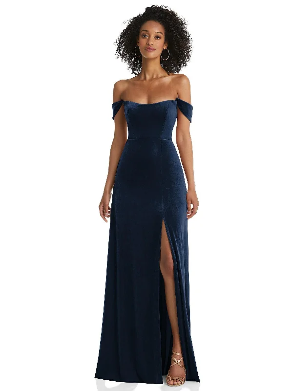 Off-the-Shoulder Flounce Sleeve Velvet Maxi Dress