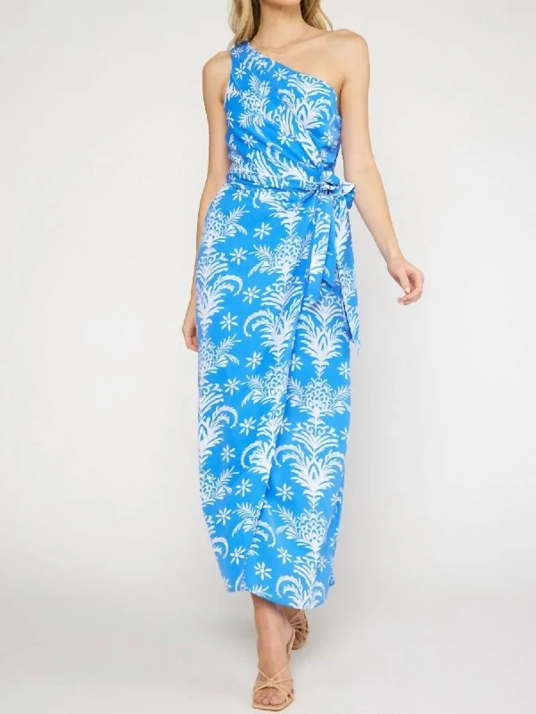 One-Shoulder Sleeveless Maxi Dress In Blue Tropical Print