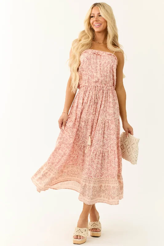 Peach Floral Print Sleeveless Maxi Dress