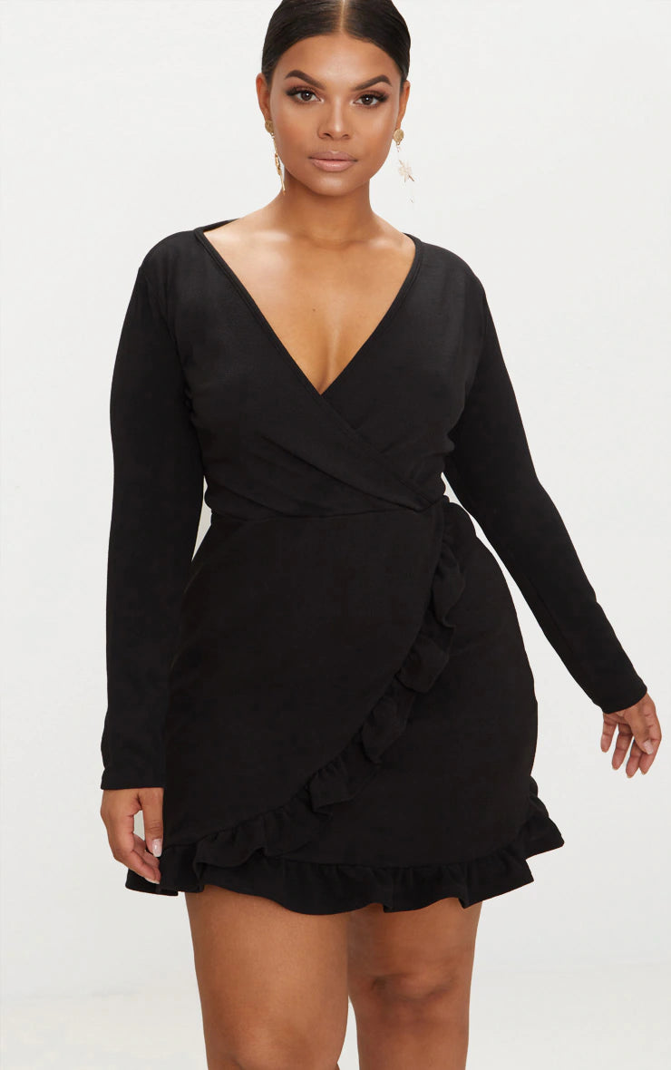 PLUS BLACK LONG SLEEVE RUFFLE WRAP DRESS