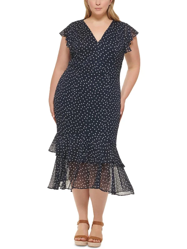 Plus Womens Chiffon Polka Dot Maxi Dress