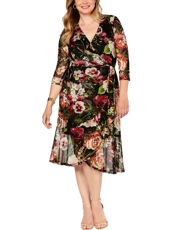 Plus Womens Mesh Floral Print Wrap Dress