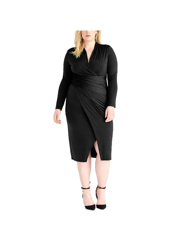 Plus Womens Surplice Mid Calf Wrap Dress