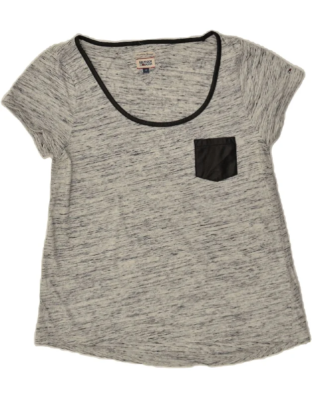 TOMMY HILFIGER Womens T-Shirt Top UK 12 Medium Grey Flecked Cotton Seamless Knitted Crochet