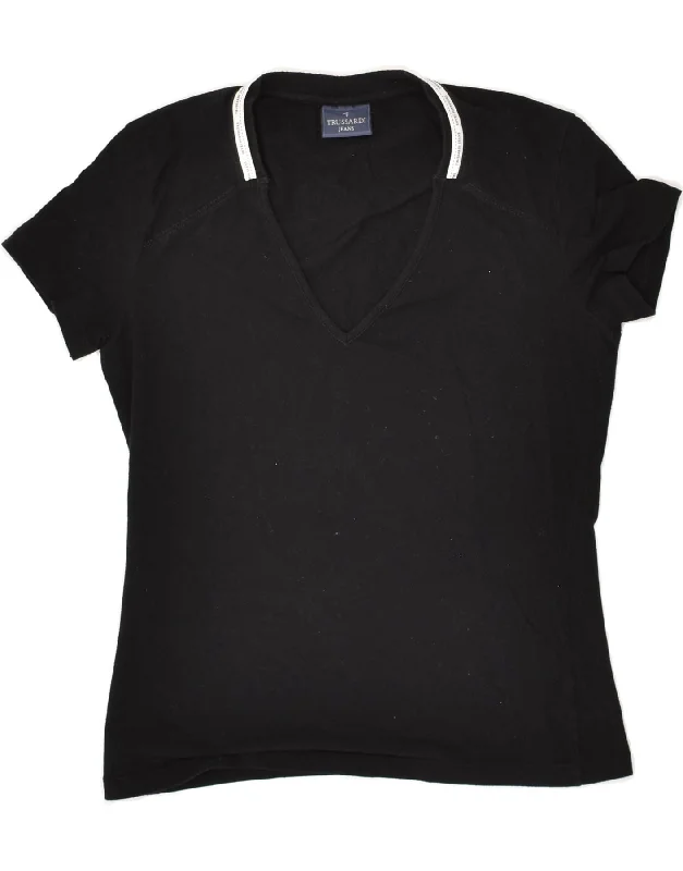 TRUSSARDI JEANS Womens T-Shirt Top UK 10 Small Black Cotton Striped Floral Plaid