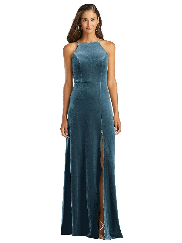 Velvet Halter Maxi Dress with Front Slit - Harper