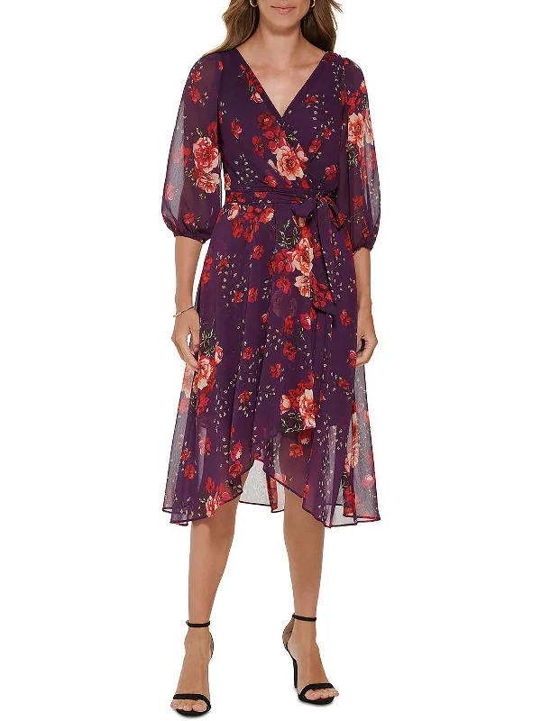 Womens Floral Midi Wrap Dress