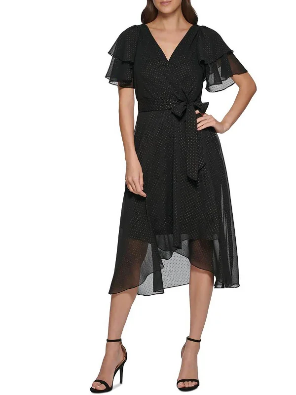 Womens Pleated Midi Wrap Dress