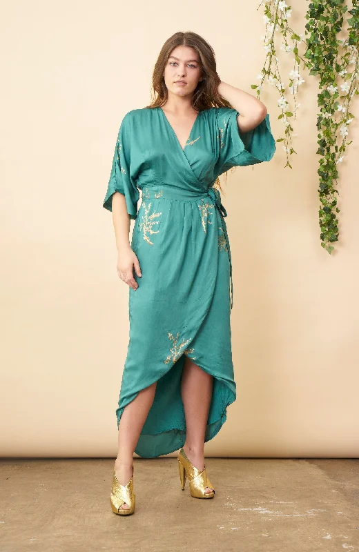 Cherry Blossom Maxi Wrap Dress in Emerald + Gold