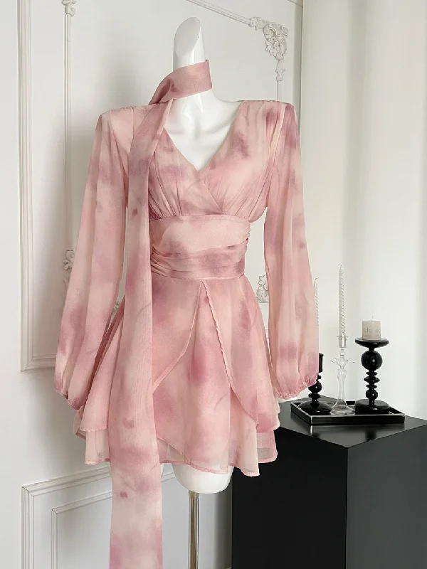 Flowing Bell Sleeves Ethereal Pink Silk Wrap Dress