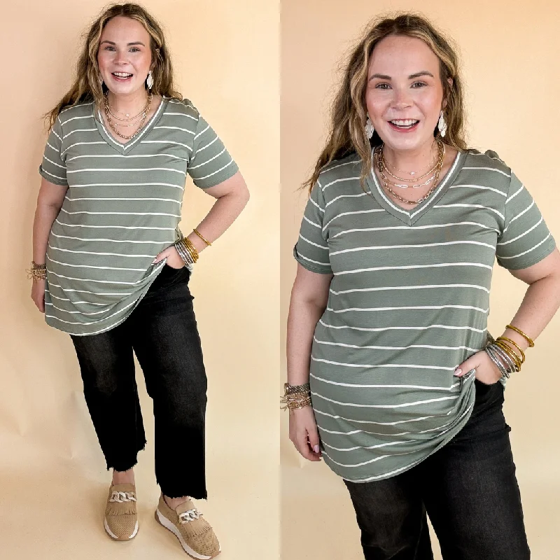 Keep Things Casual Striped V Neck Tee in Sage Green