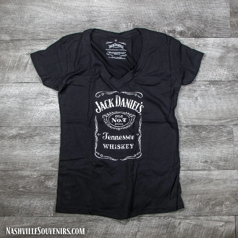 Ladies Jack Daniels Bottle Label V-Neck T-Shirt