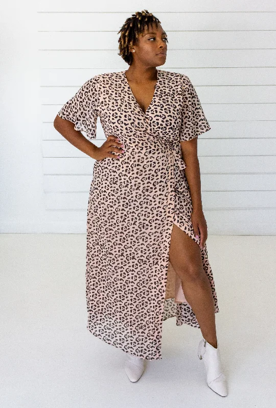 Leopard Maxi Wrap Dress in Blush + Black