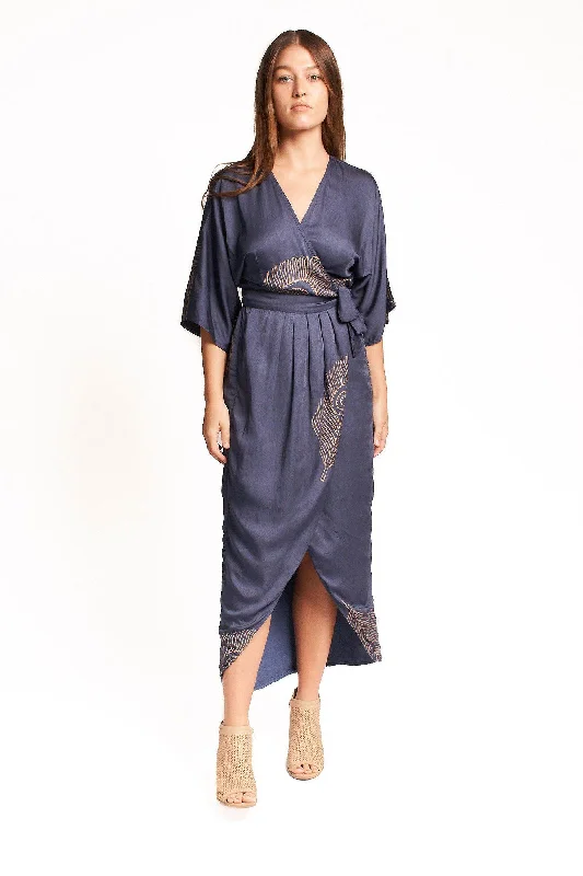 Peacock Feather Wrap Dress in Navy + Gold