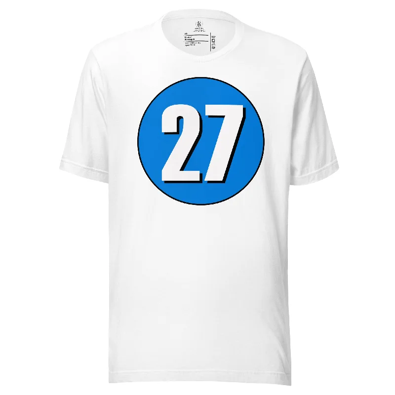 Unisex t-shirt: White on Blue 27