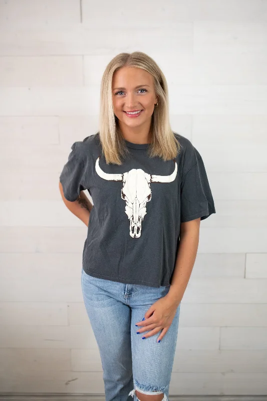 Vintage Longhorn Puff SS Crop Graphic Tee-Black