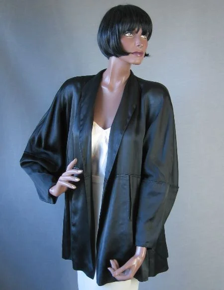 40s Vintage Women's Swing Jacket Coat Black Satin Dramatic Sleeves L/XL VFG Hooded Jacket Caped Jacket Shawl Collar Jacket