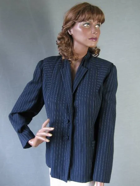 40s Vintage Women's Jacket Deco Details Navy Blue Pinstripe L/XL VFG Ber-Sell Original Tailored Jacket Straight Jacket A-Line Jacket