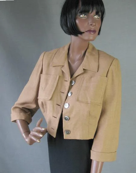 50s Vintage Women's Jacket Cropped Suit Coat Couture Quality Large VFG Camel Tan Cotton Jacket Linen Jacket Terry Jacket