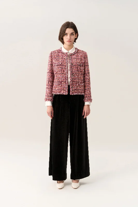 Checked Braid-trim Patch Pocket Tweed Jacket Nylon Fabric Polyester Fabric Spandex Fabric