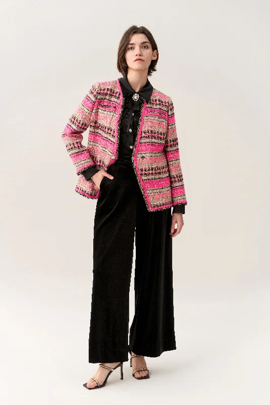 Fuchsia Shawl-lapel Striped Jacket Belted Jacket Elasticated Jacket Padded Jacket