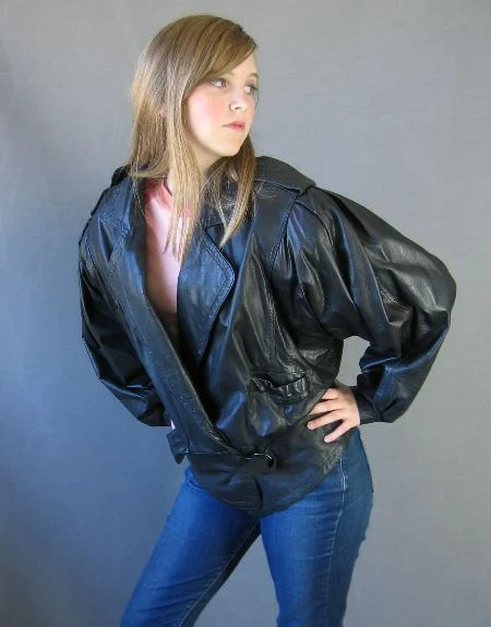 80s Women's Jacket Bomber Style Black Leather Dramatic Vintage Cropped  Large VFG V-Neck Jacket Boat Neck Jacket Square Neck Jacket