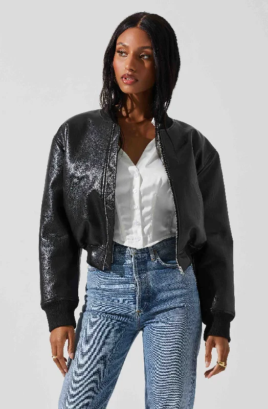 Avianna Faux Leather Bomber Jacket Snapped Jacket Toggled Jacket Drawstring Jacket