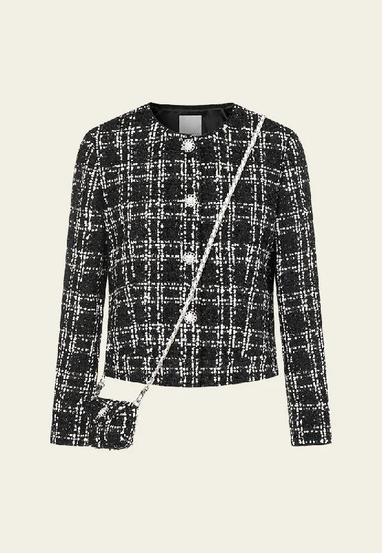 Black and White-sequined Checker Tweed Jacket w. Mini Pouch Trench Coat Raincoat Waterproof Jacket Black and White-sequined Checker Tweed Jacket w. Mini Pouch Trench Coat Raincoat Waterproof Jacket