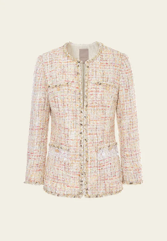 Braided-trim Slit-detail Mixed Tweed Jacket Satin Jacket Silk Jacket Chiffon Jacket