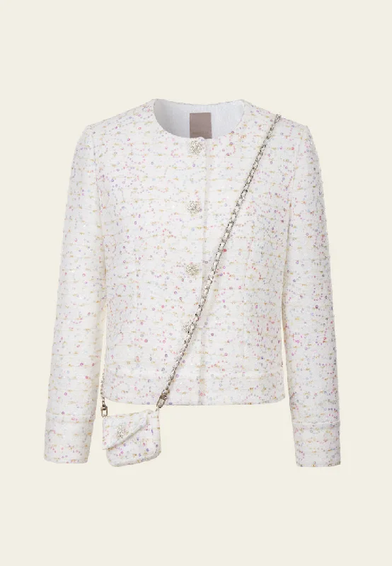 Candy Tone Sequin-detail Lurex Tweed Jacket with Pouch Collared Jacket Crew Neck Jacket Turtle Neck Jacket