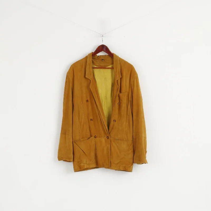 Vintage Women 48 XXL Jacket Mustard 100% Leather Suded Buttoned Casual Top Hooded Jacket Caped Jacket Shawl Collar Jacket