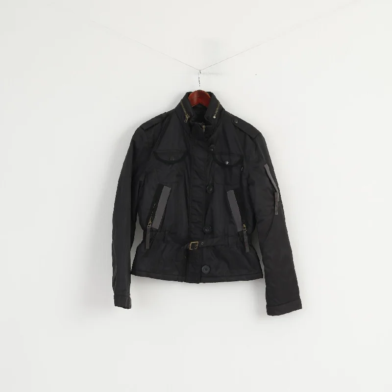 Alpha Industries Women M Jacket Black Biker Nylon Waterproof Padded Hidden Hood Top Zip Front Button Front Snap Front