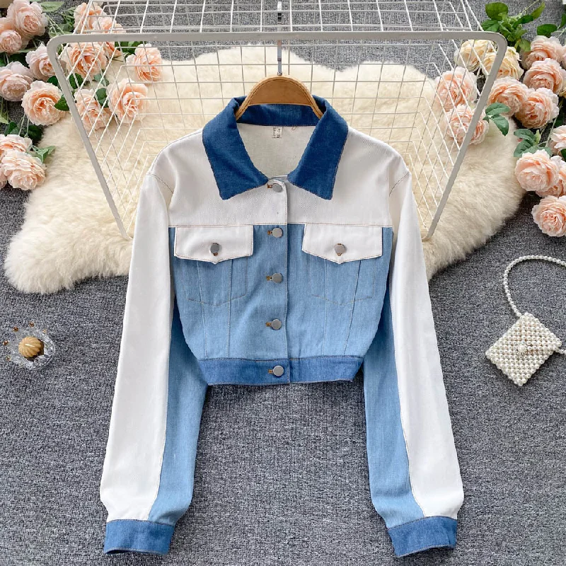 Cute dual tone denim jacket    S484 Zippered Front Buttoned Front Snap Front